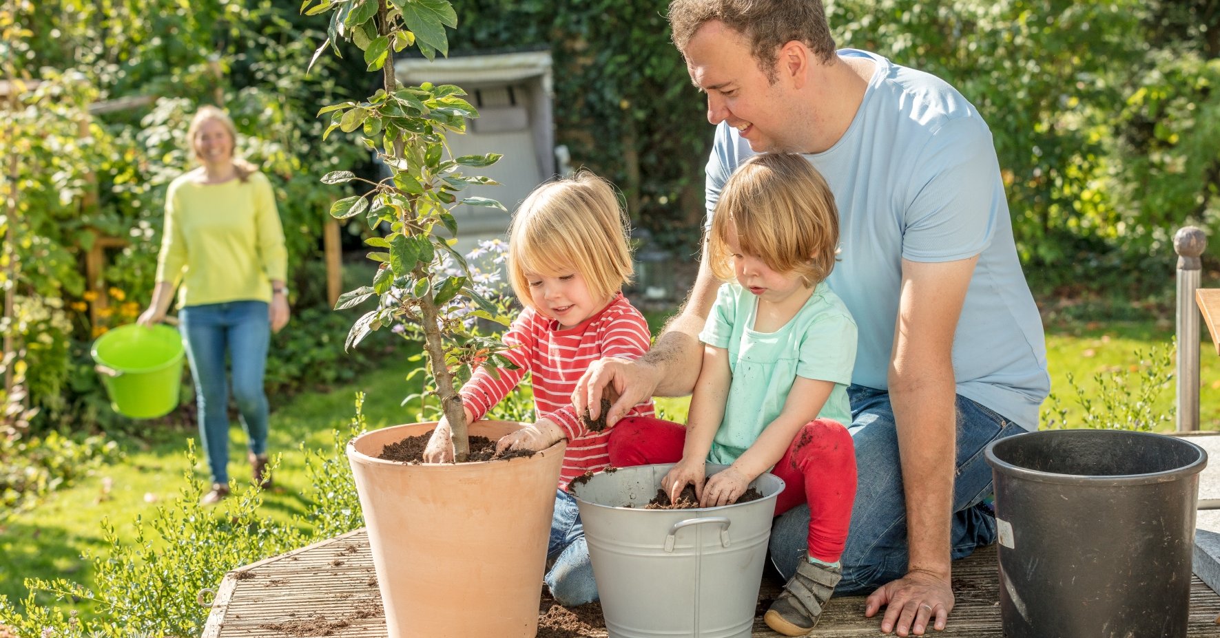 Familie pflanzt Obstbaum